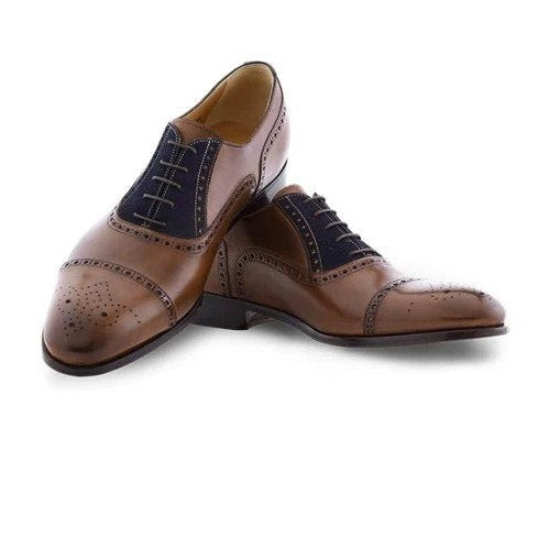 Patina-Finished Brogue Oxfords with Blue Suede Detailing-16534