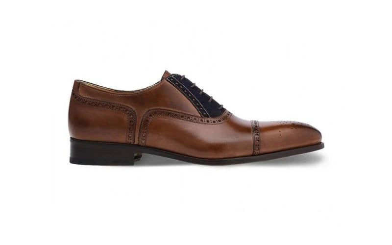 Patina-Finished Brogue Oxfords with Blue Suede Detailing-16534
