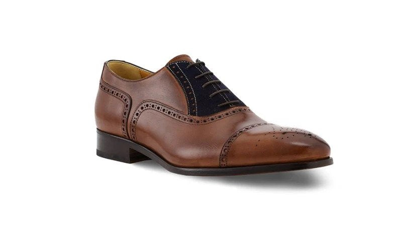 Patina-Finished Brogue Oxfords with Blue Suede Detailing-16534